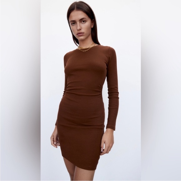 Zara CUT OUT RIBBED CHOCOLATE BROWN DRESS - Picture 2 of 6